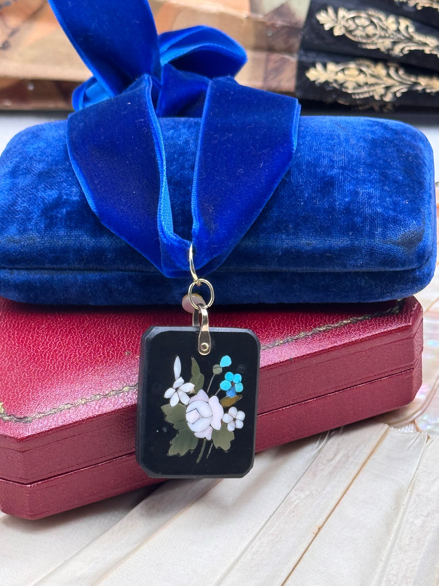 Pietra Dura Pendant Floral Inlay Italian Stone Mosaic Black Base 1.25” x 1”