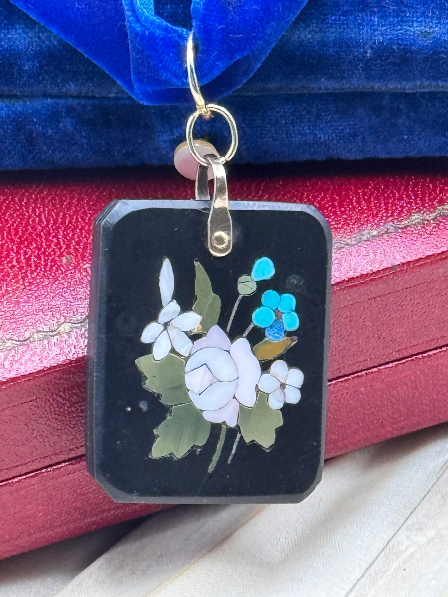 Pietra Dura Pendant Floral Inlay Italian Stone Mosaic Black Base 1.25” x 1”