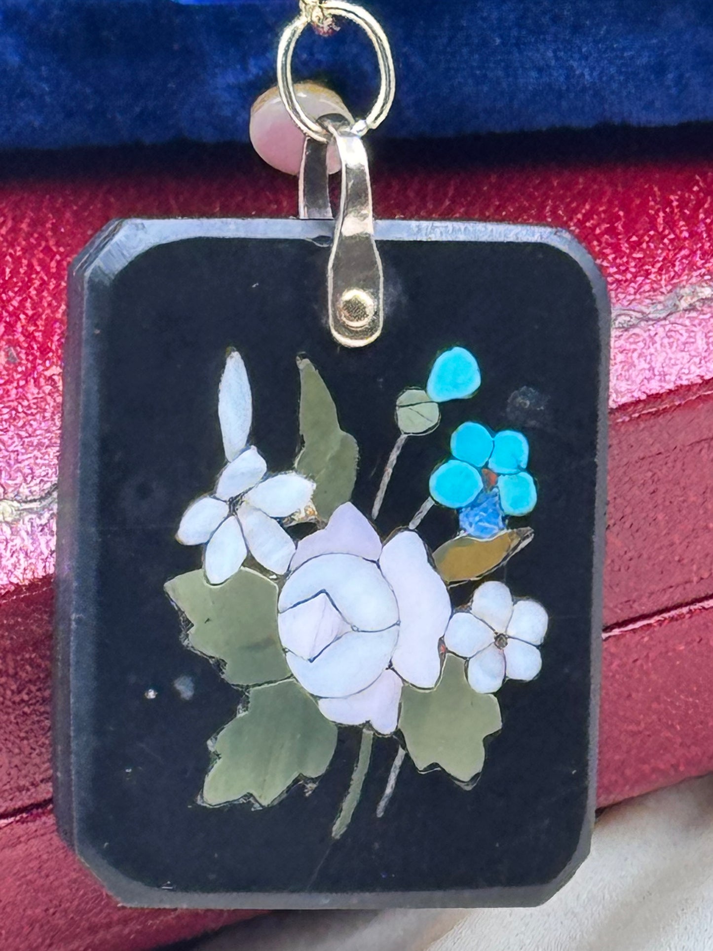 Pietra Dura Pendant Floral Inlay Italian Stone Mosaic Black Base 1.25” x 1”