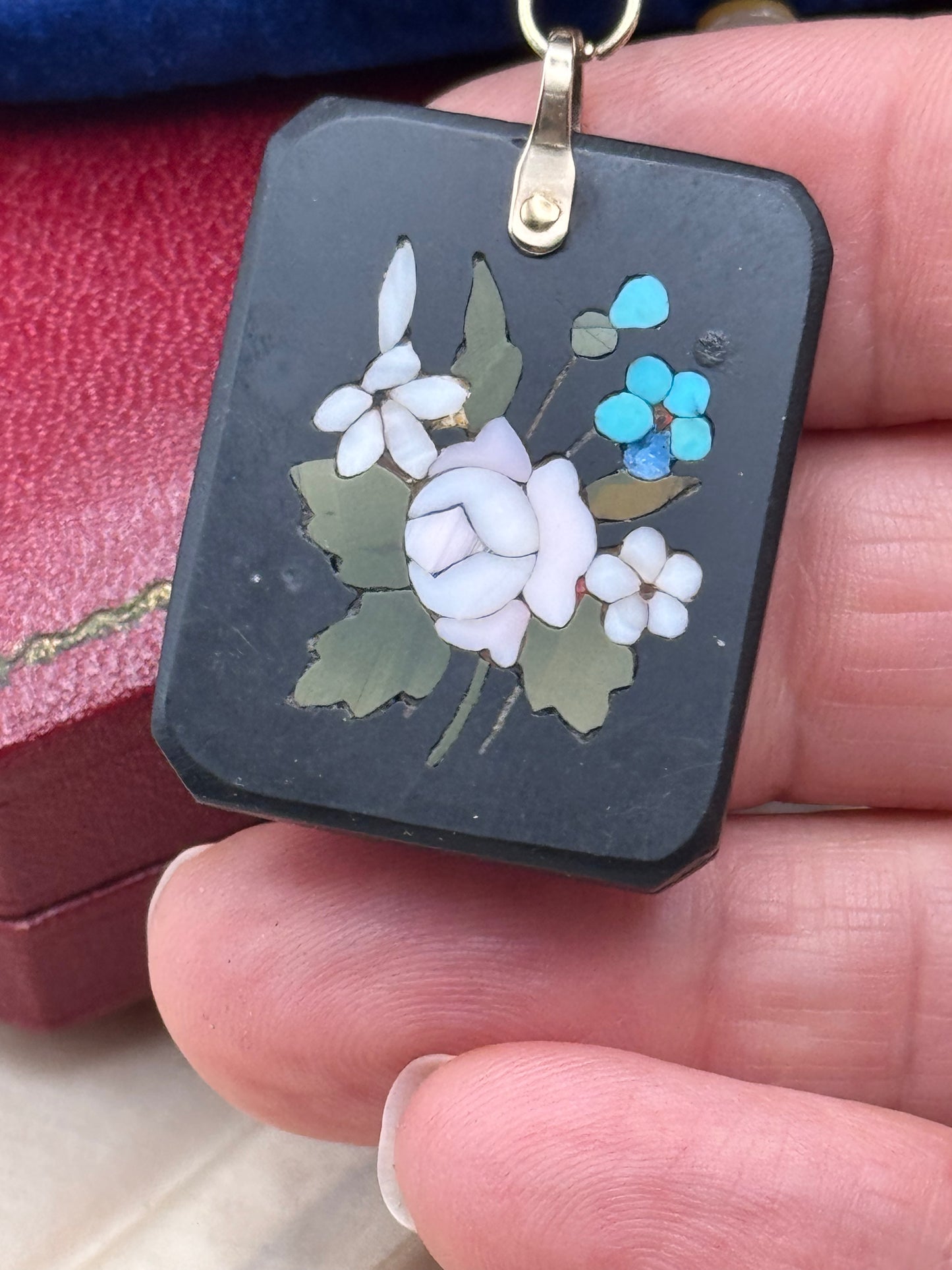 Pietra Dura Pendant Floral Inlay Italian Stone Mosaic Black Base 1.25” x 1”