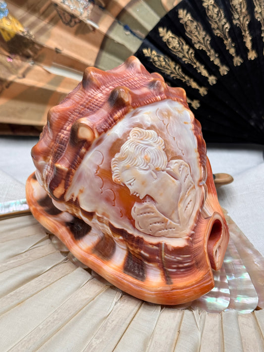 Vintage Carved Cameo Helmet Shell Lady Portrait Relief 5.5” Decor