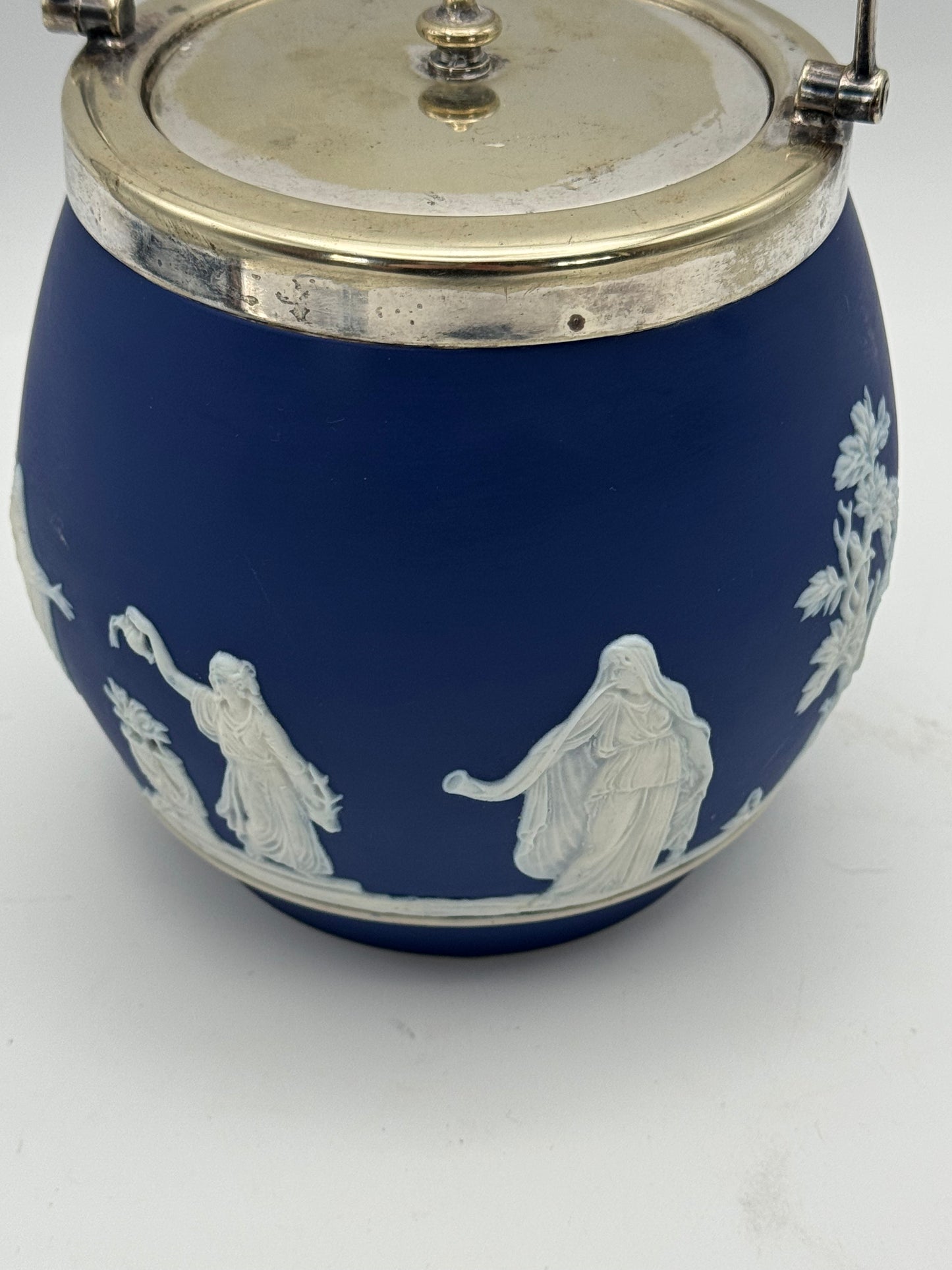 Adams Tunstall Blue Jasperware Biscuit Barrel Silver Plate Lid Victorian English Style