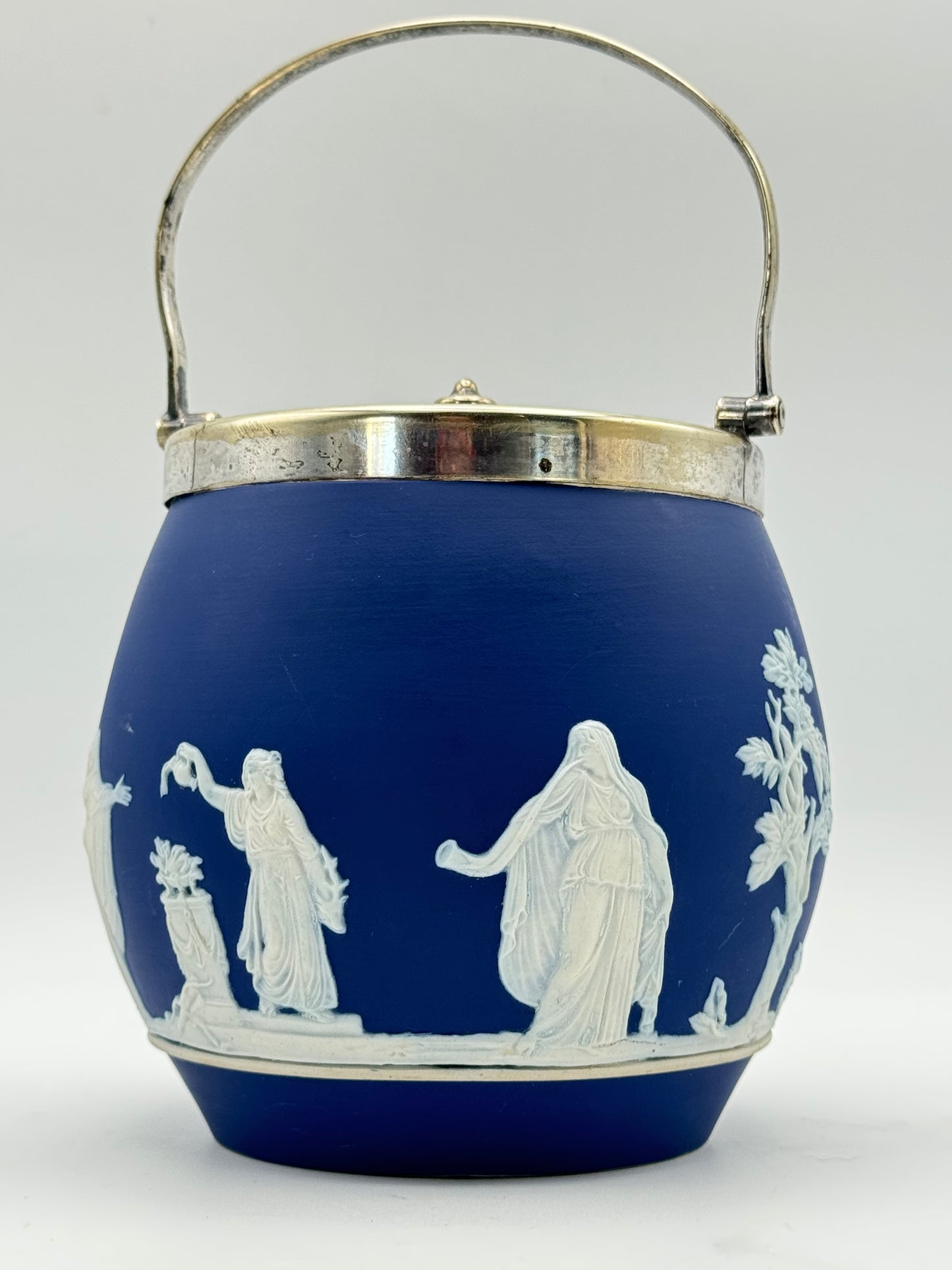 Adams Tunstall Blue Jasperware Biscuit Barrel Silver Plate Lid Victorian English Style