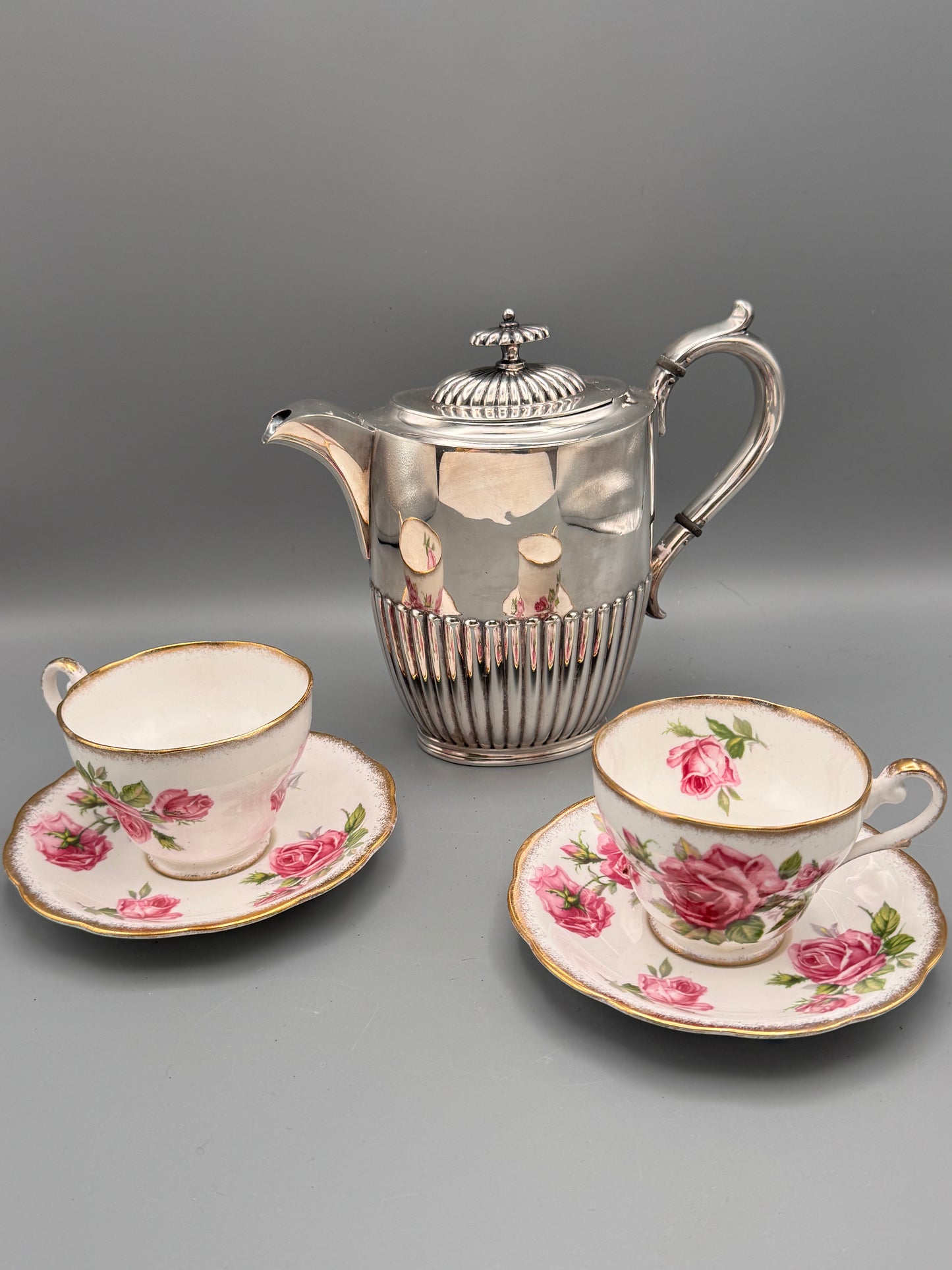 English Sheffield Tea Service Set – Silver Soldered Teapot & 2 Royal Standard Orleans Rose Cups and Saucers