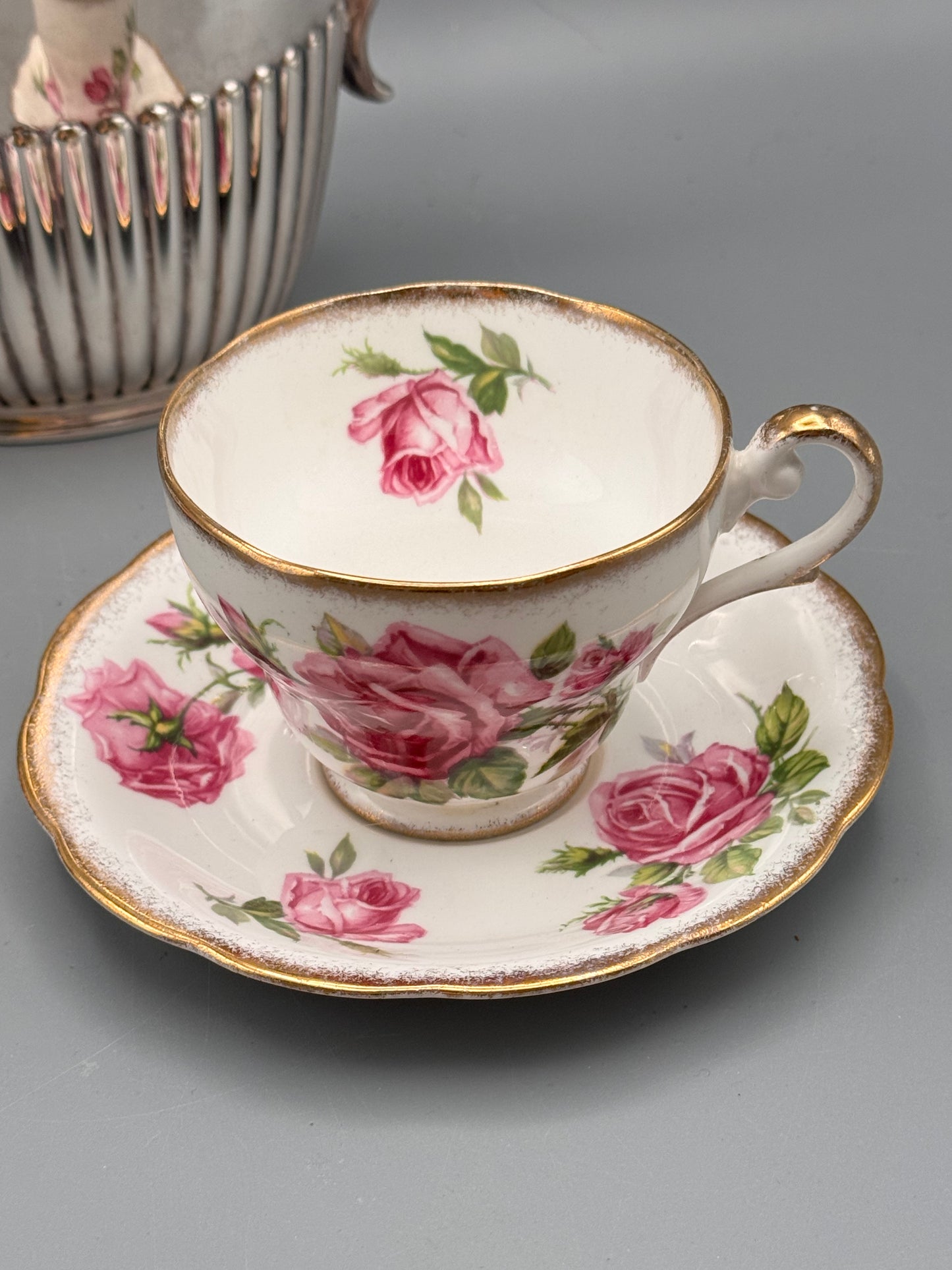 English Sheffield Tea Service Set – Silver Soldered Teapot & 2 Royal Standard Orleans Rose Cups and Saucers