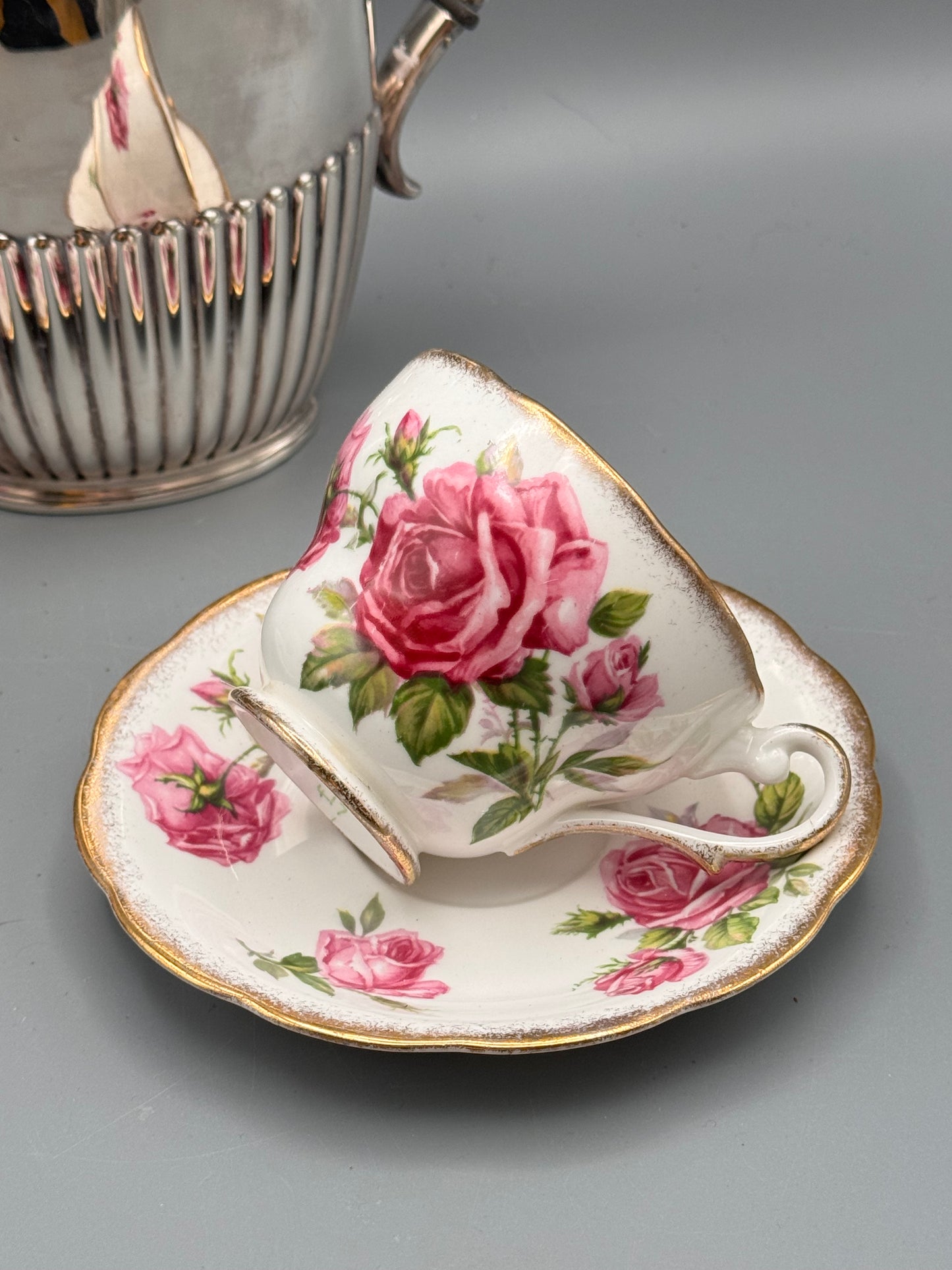 English Sheffield Tea Service Set – Silver Soldered Teapot & 2 Royal Standard Orleans Rose Cups and Saucers