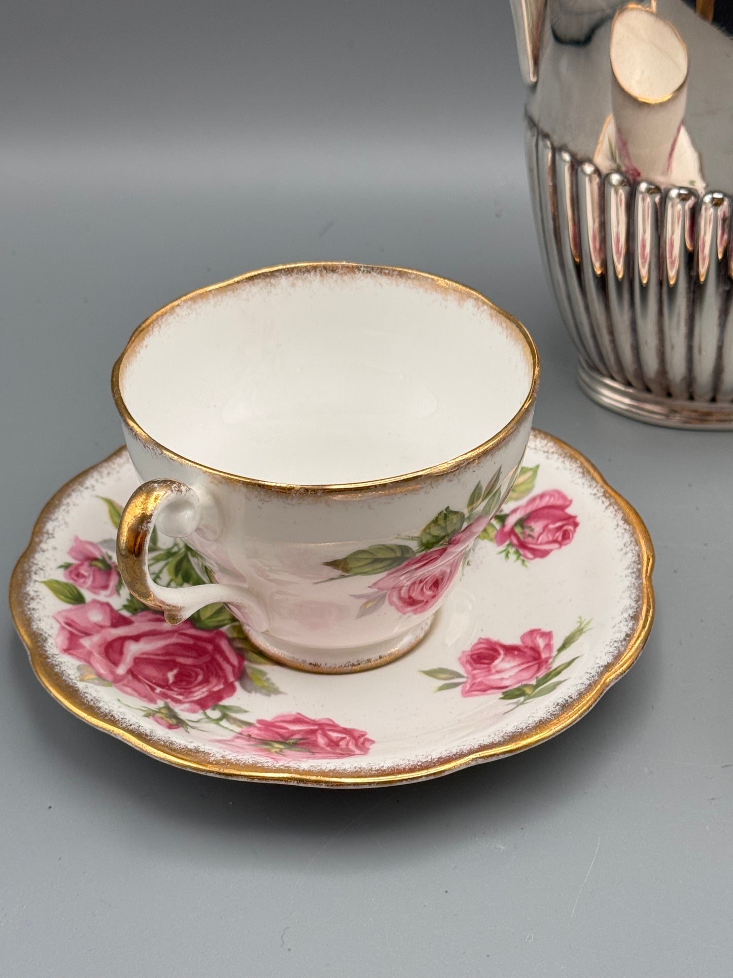 English Sheffield Tea Service Set – Silver Soldered Teapot & 2 Royal Standard Orleans Rose Cups and Saucers