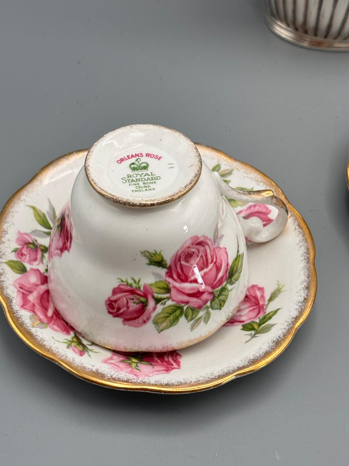 English Sheffield Tea Service Set – Silver Soldered Teapot & 2 Royal Standard Orleans Rose Cups and Saucers