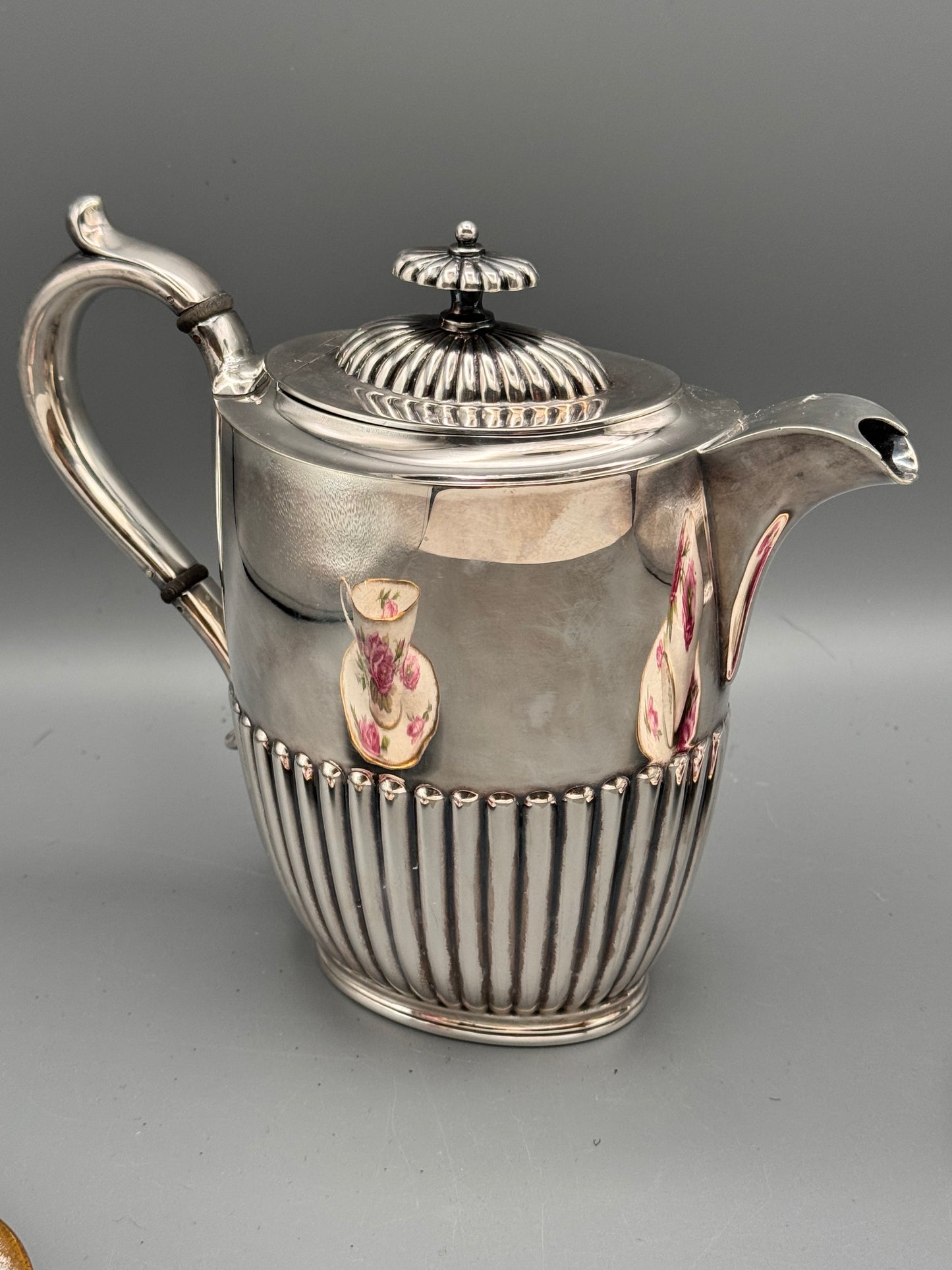 English Sheffield Tea Service Set – Silver Soldered Teapot & 2 Royal Standard Orleans Rose Cups and Saucers
