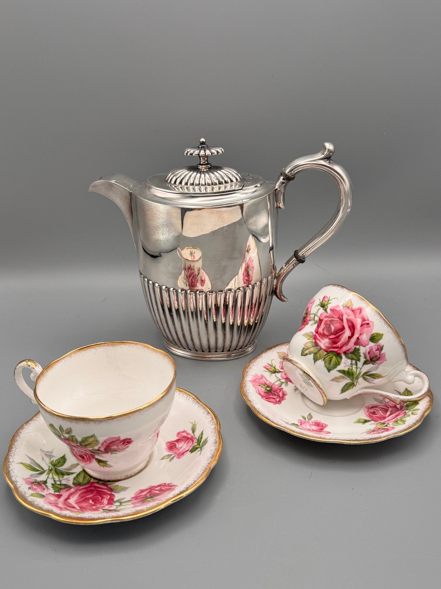 English Sheffield Tea Service Set – Silver Soldered Teapot & 2 Royal Standard Orleans Rose Cups and Saucers