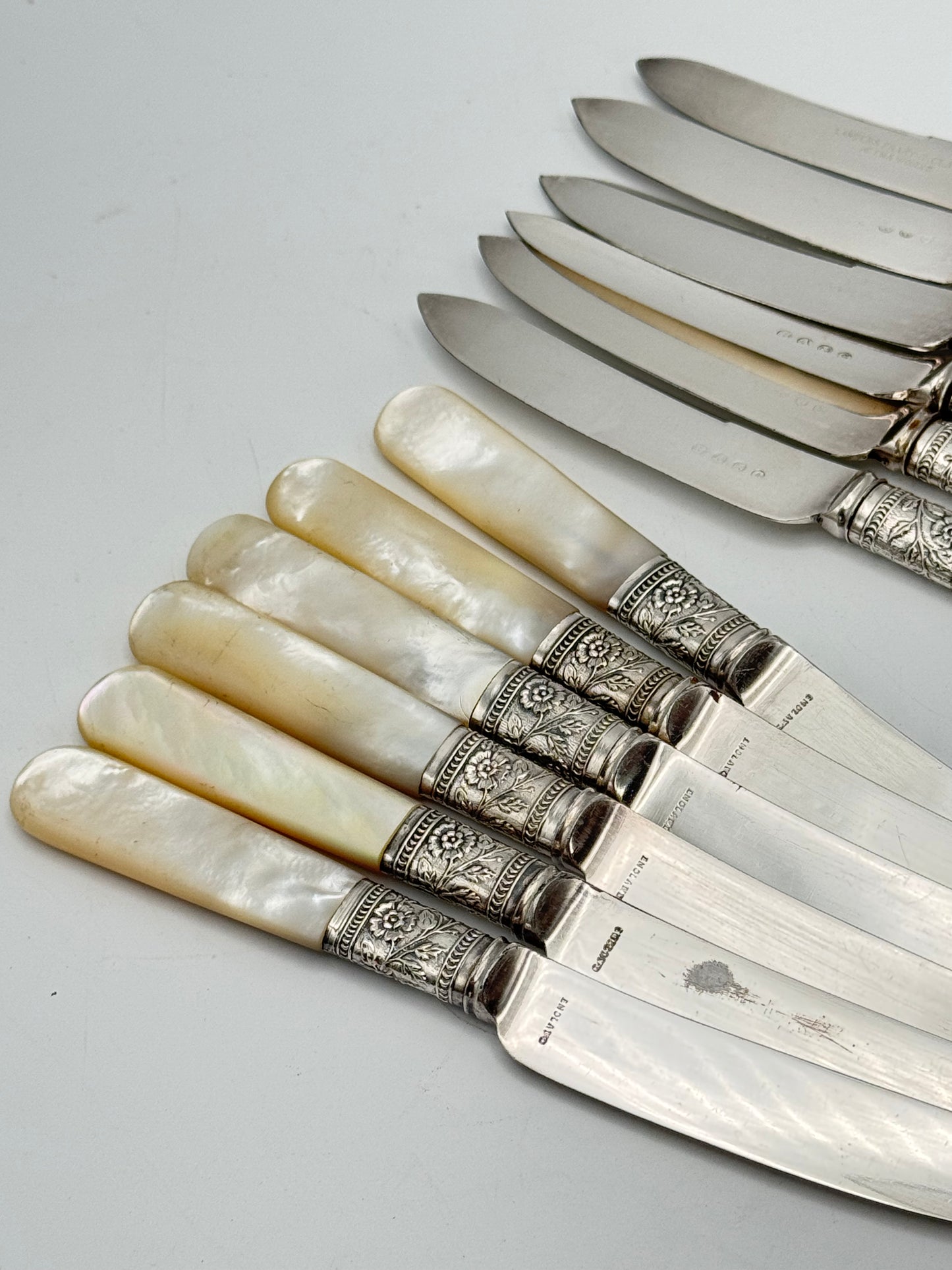 12 Antique MOTHER Of PEARL Fruit Knives Silverplate FERULE Floral Design Boxed