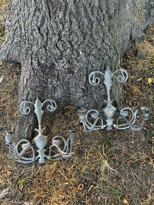 Large Candle Wall Sconces Pair Chased Ornate Hand Crafted Vintage Silverplate