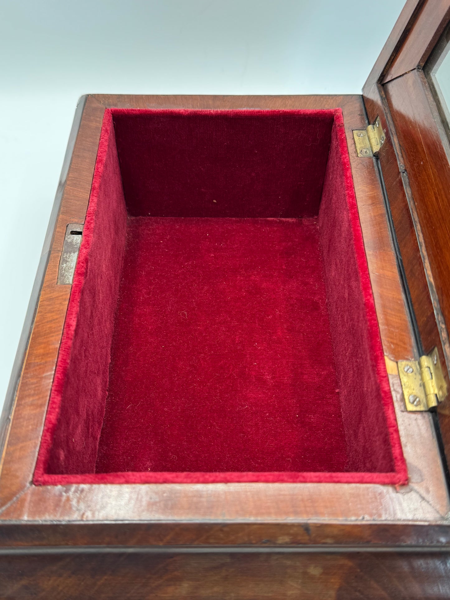 Antique Biedermeier Style Wooden Chest With Mirror Lined in Red Velvet circa 11.5” x 7.75” x 5.25”