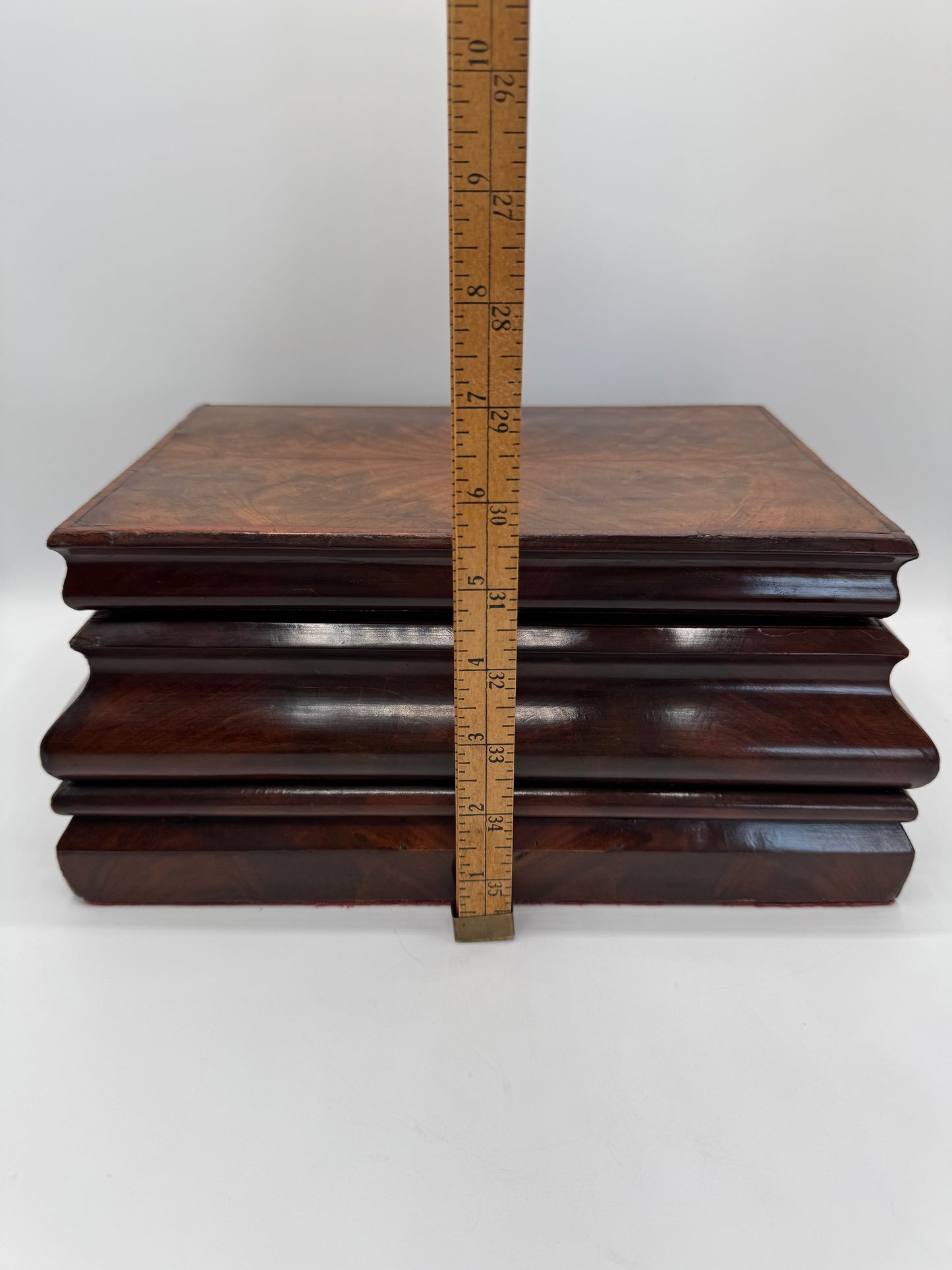 Antique Biedermeier Style Wooden Chest With Mirror Lined in Red Velvet circa 11.5” x 7.75” x 5.25”