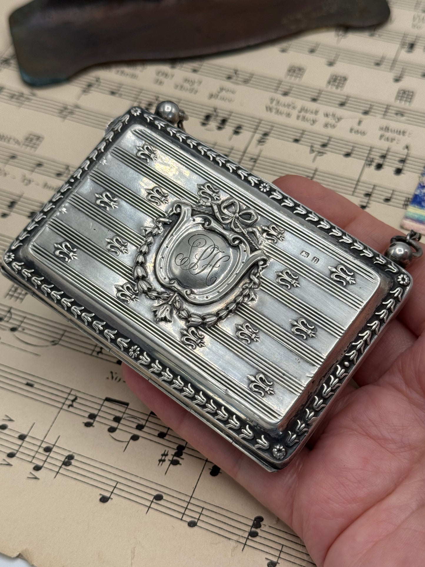 Sterling Silver Calling Card Case Fleur de Lis BIRMINGHAM Chatelaine 1912 Mono