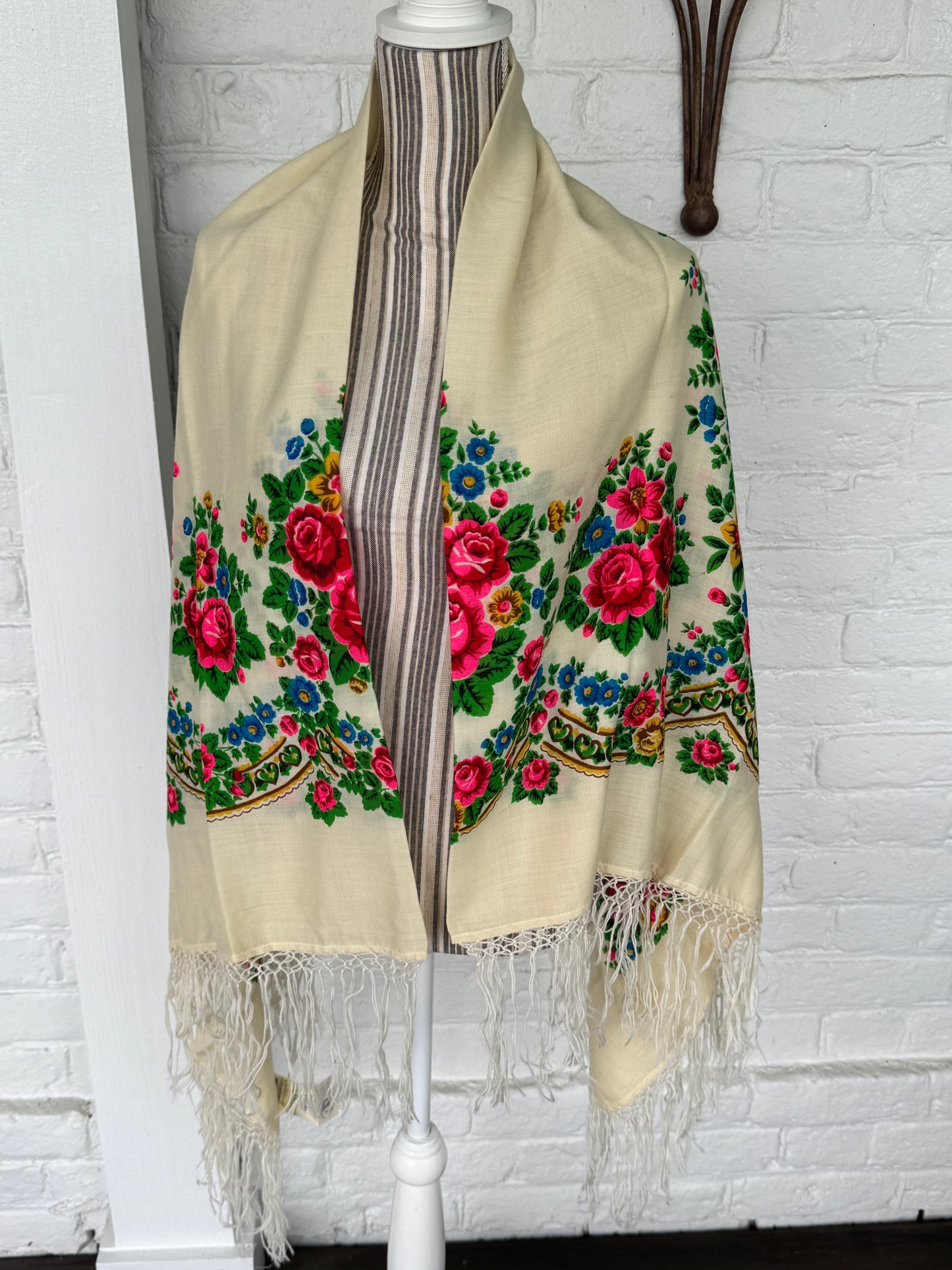 1980s XL Wool Fringed Floral Scarf Cream with Pink Roses Blue Blossoms & Green Accents