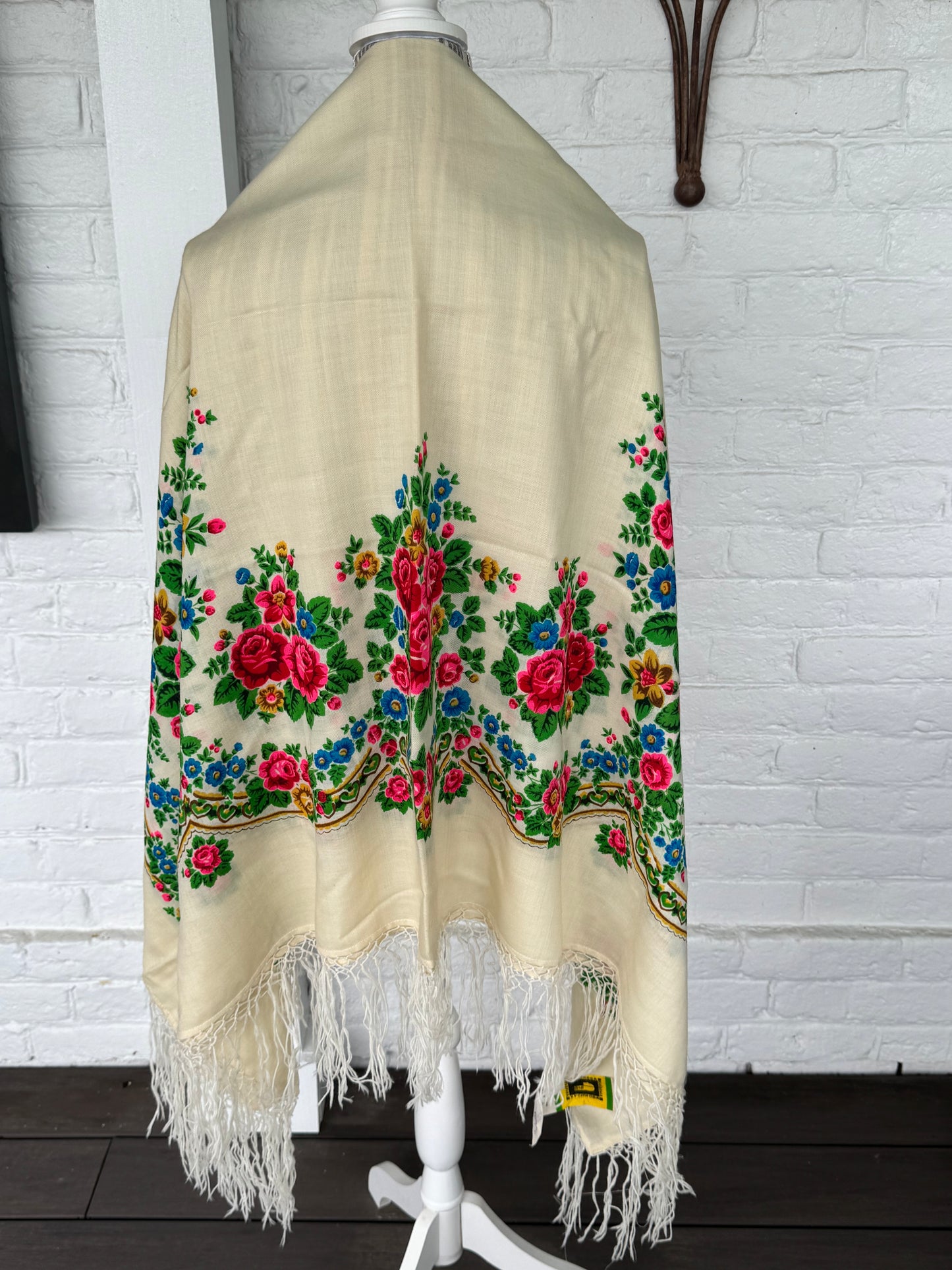 1980s XL Wool Fringed Floral Scarf Cream with Pink Roses Blue Blossoms & Green Accents
