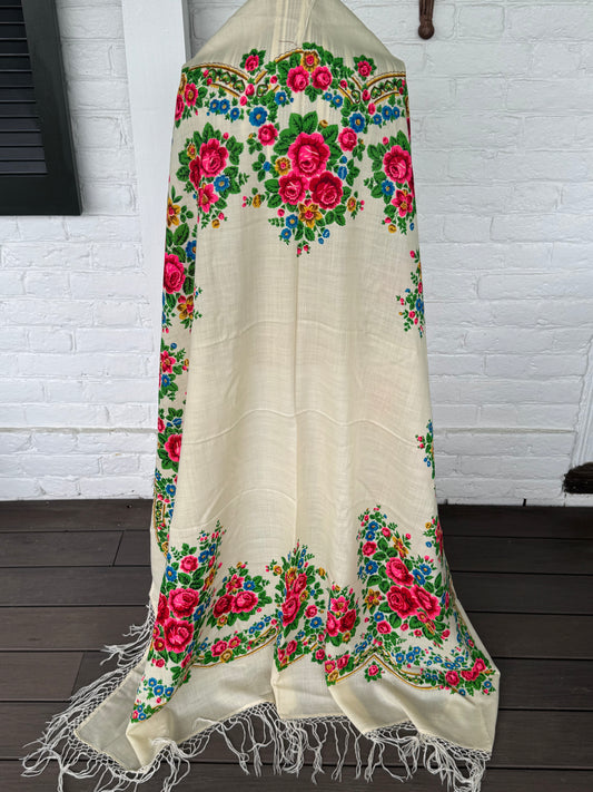 1980s XL Wool Fringed Floral Scarf Cream with Pink Roses Blue Blossoms & Green Accents