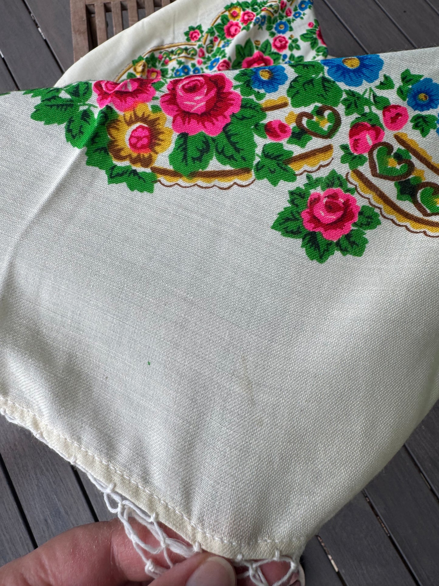 1980s XL Wool Fringed Floral Scarf Cream with Pink Roses Blue Blossoms & Green Accents