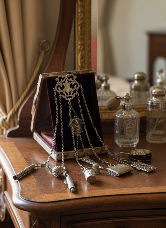 Antique Edwardian 1902 Chester Sterling Silver 9-Notion Sewing Chatelaine by Colen Hewer Cheshire