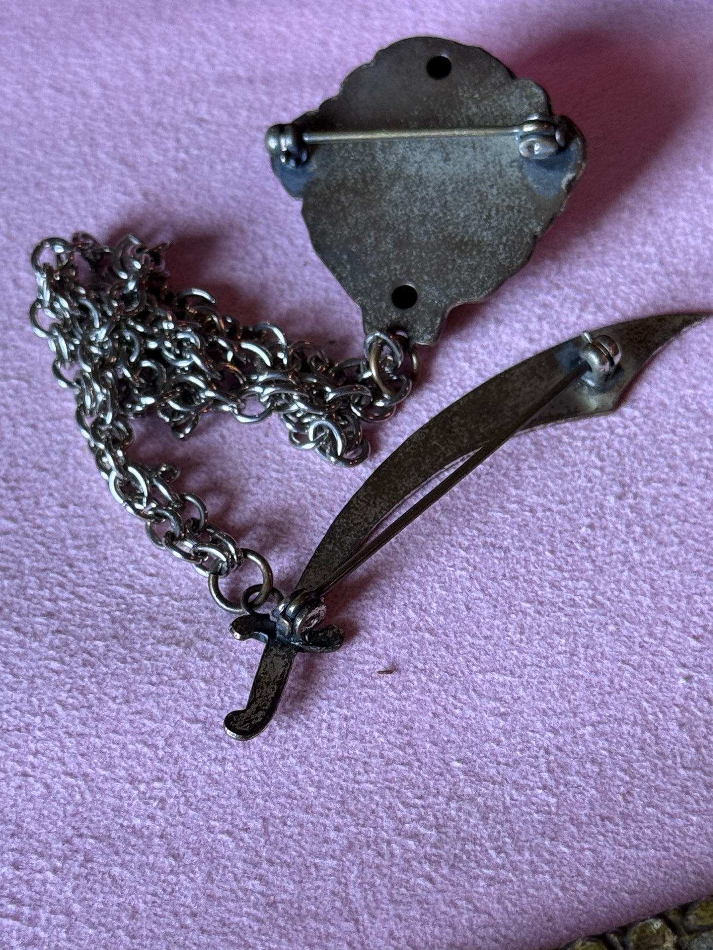 Vintage Chatelaine Brooch Turban Head “”Scimitar Toy Sword”” Dangle Chain Silvertone