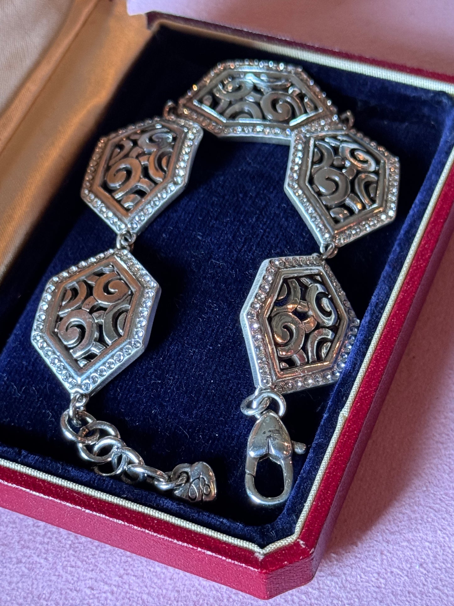 Vintage Brighton Silvertone Bracelet Openwork Panels Crystal Accents 7”-7.75”