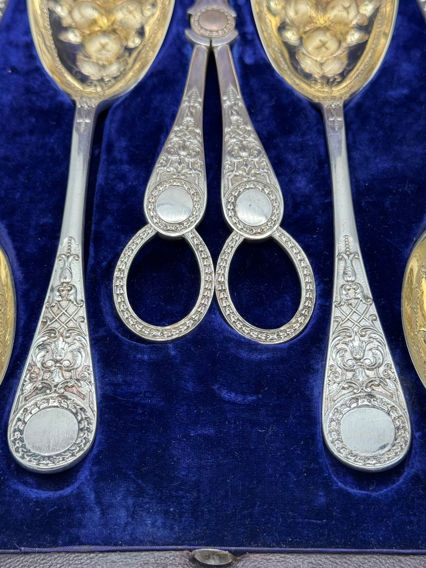 Victorian Martin Hall & Co. Silver Plate 7 Piece Dessert Set in Leather Case 1868 “Kite Mark”