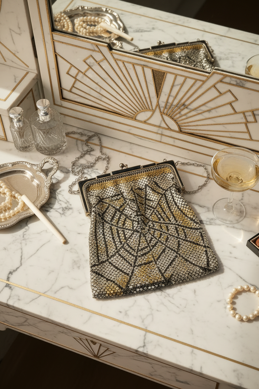 ICONIC Vintage 1920s Whiting & Davis Art Deco Spiderweb Mesh Flapper Evening Purse