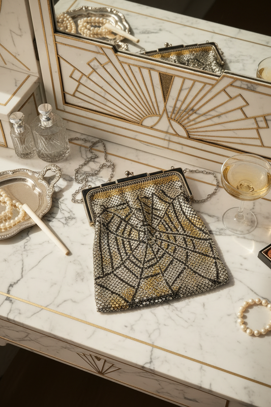 ICONIC Vintage 1920s Whiting & Davis Art Deco Spiderweb Mesh Flapper Evening Purse