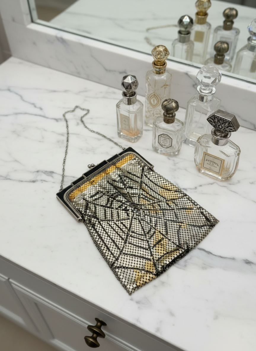 ICONIC Vintage 1920s Whiting & Davis Art Deco Spiderweb Mesh Flapper Evening Purse