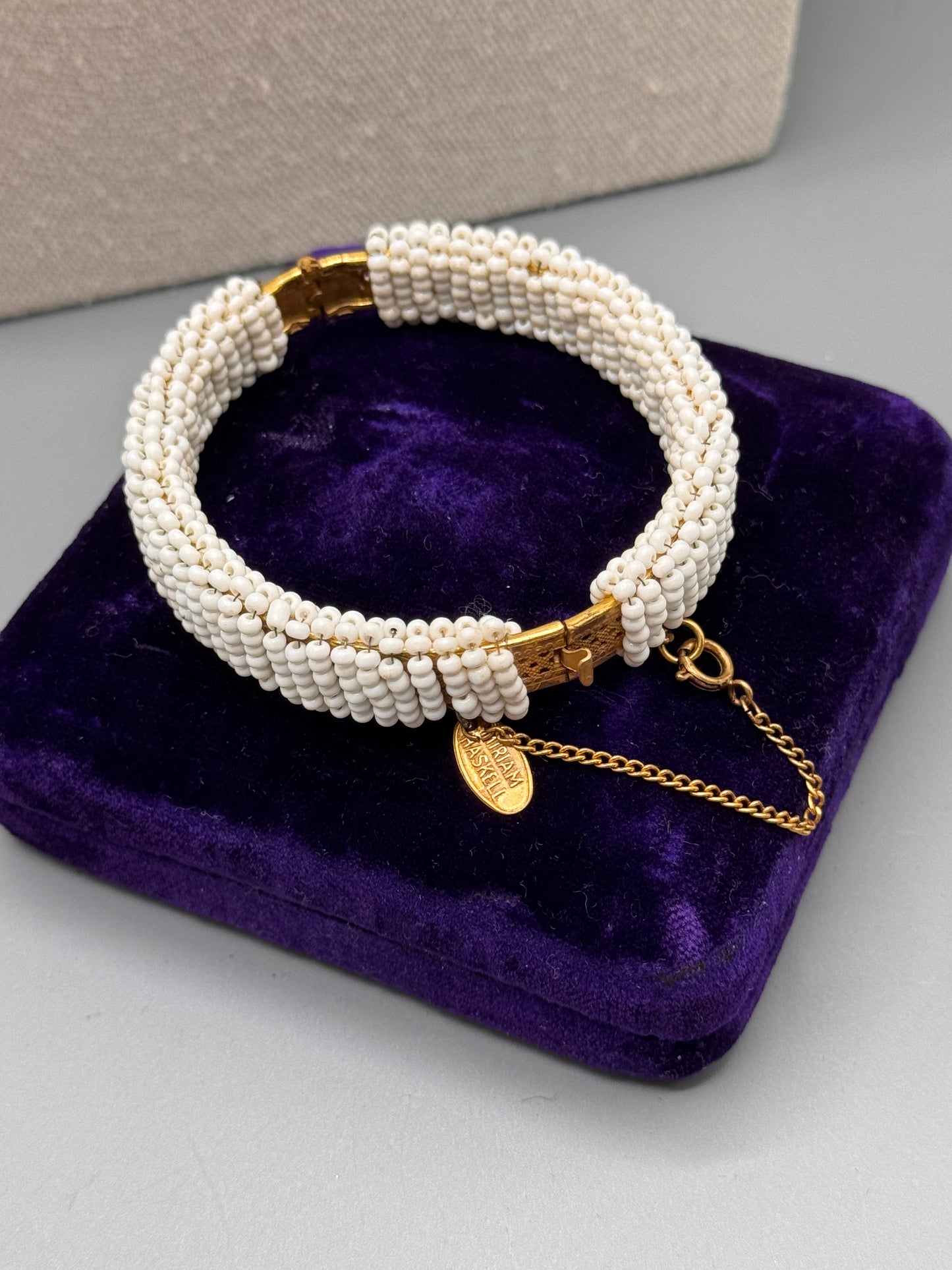 Signed Miriam Haskell White Beaded Bangle Bracelet