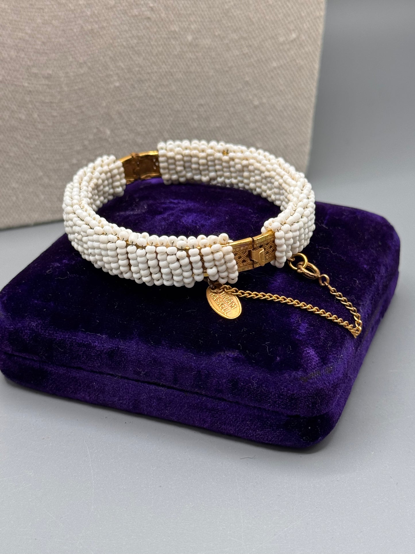 Signed Miriam Haskell White Beaded Bangle Bracelet