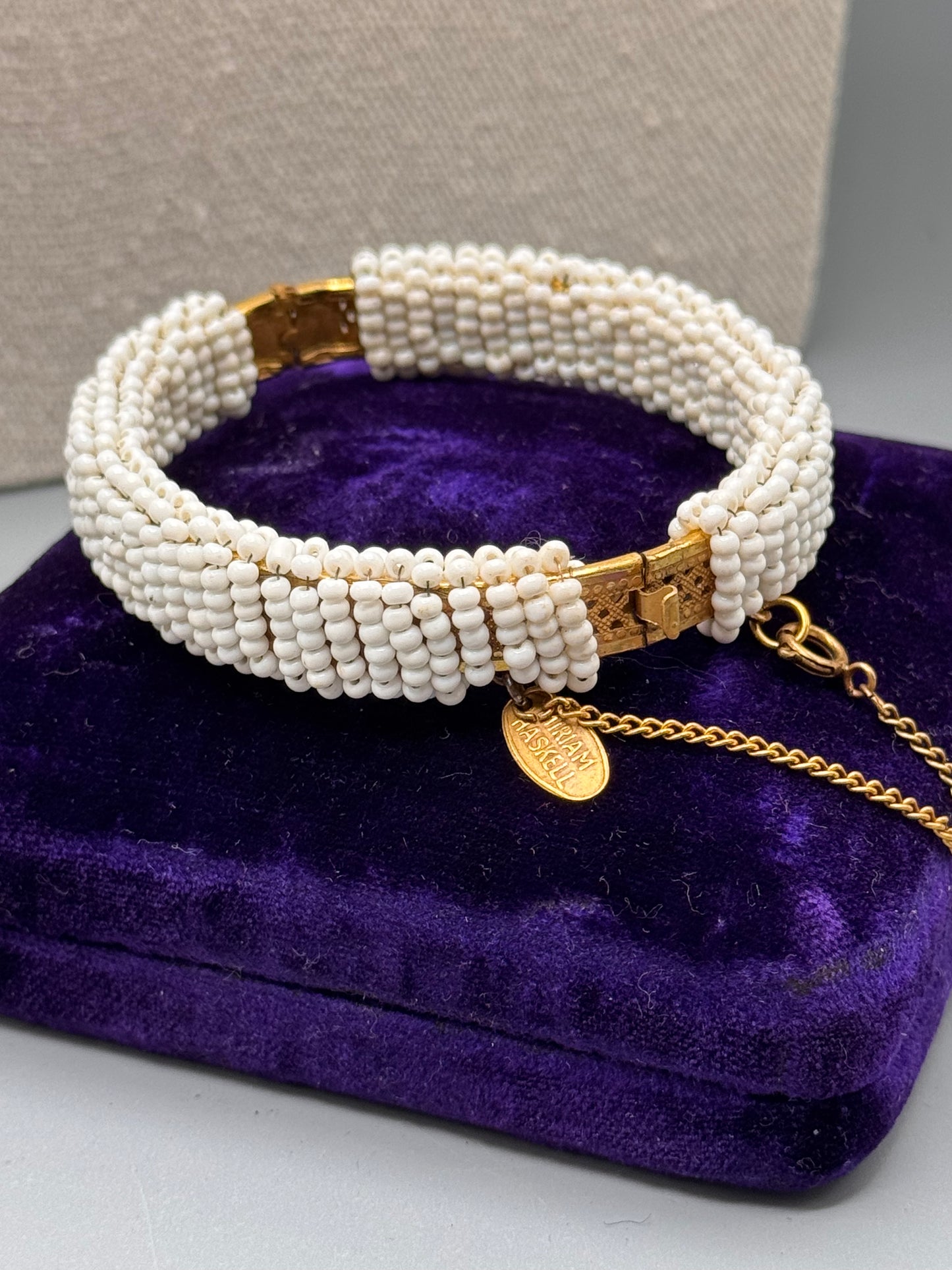 Signed Miriam Haskell White Beaded Bangle Bracelet