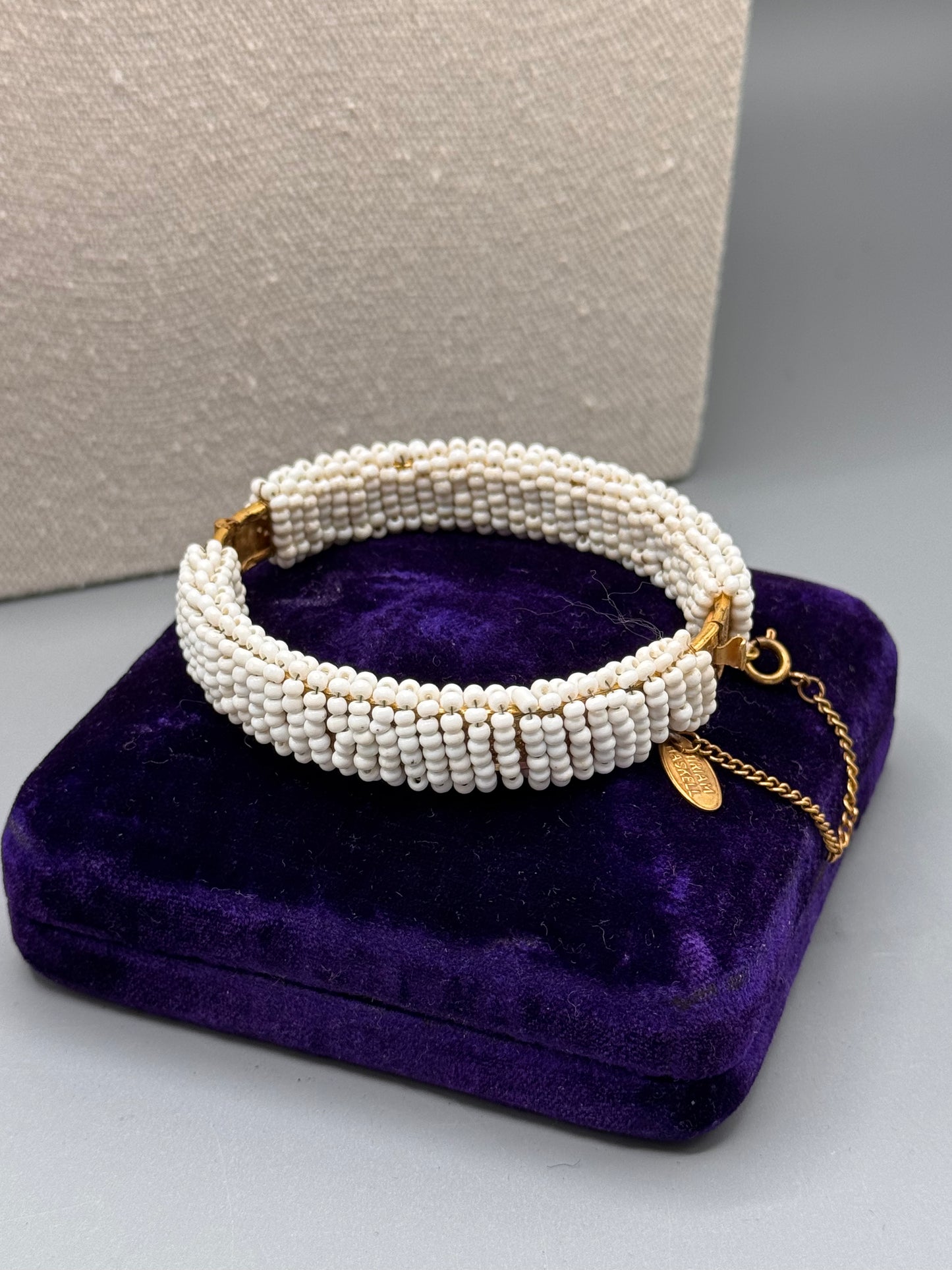 Signed Miriam Haskell White Beaded Bangle Bracelet