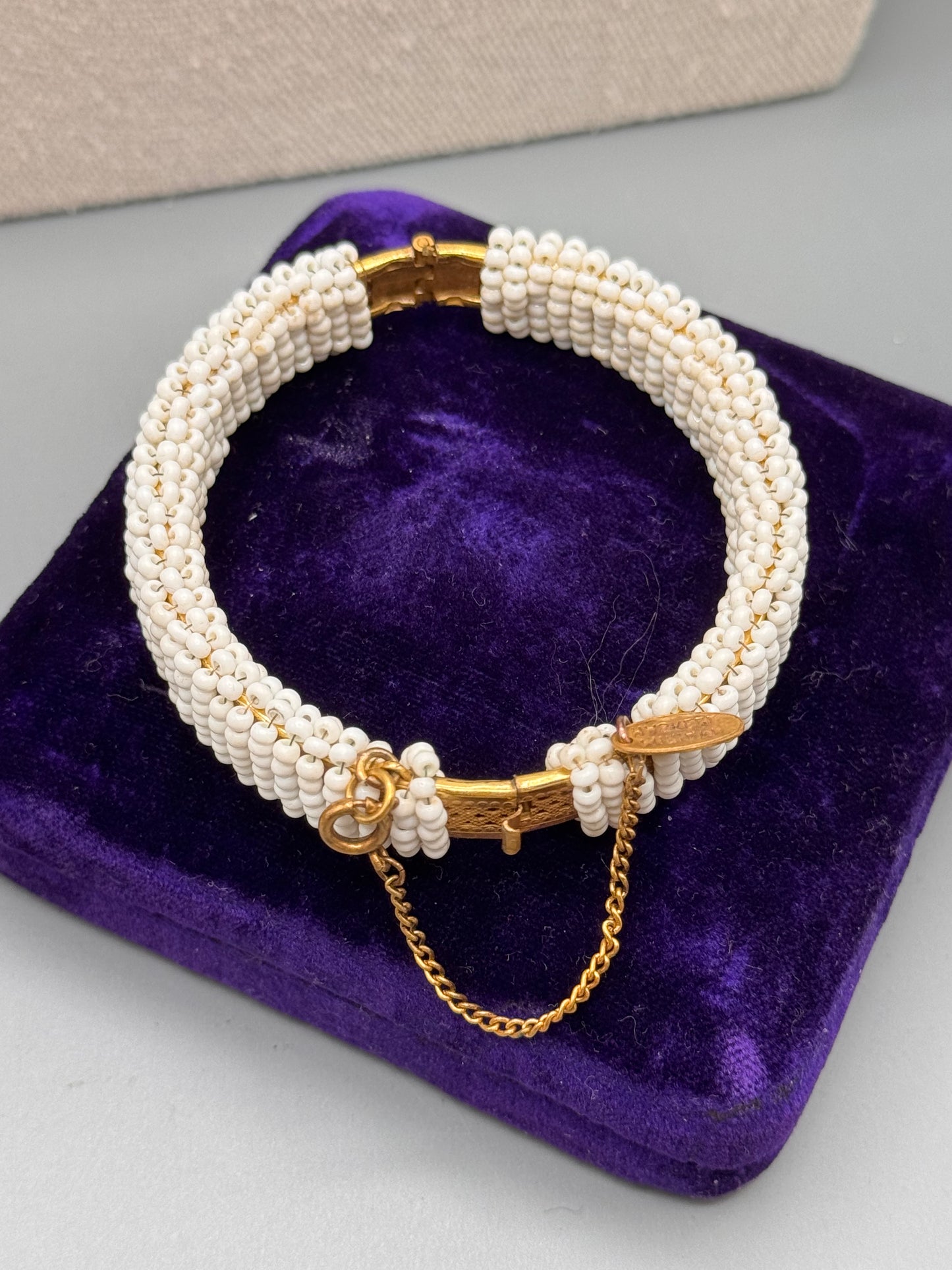 Signed Miriam Haskell White Beaded Bangle Bracelet