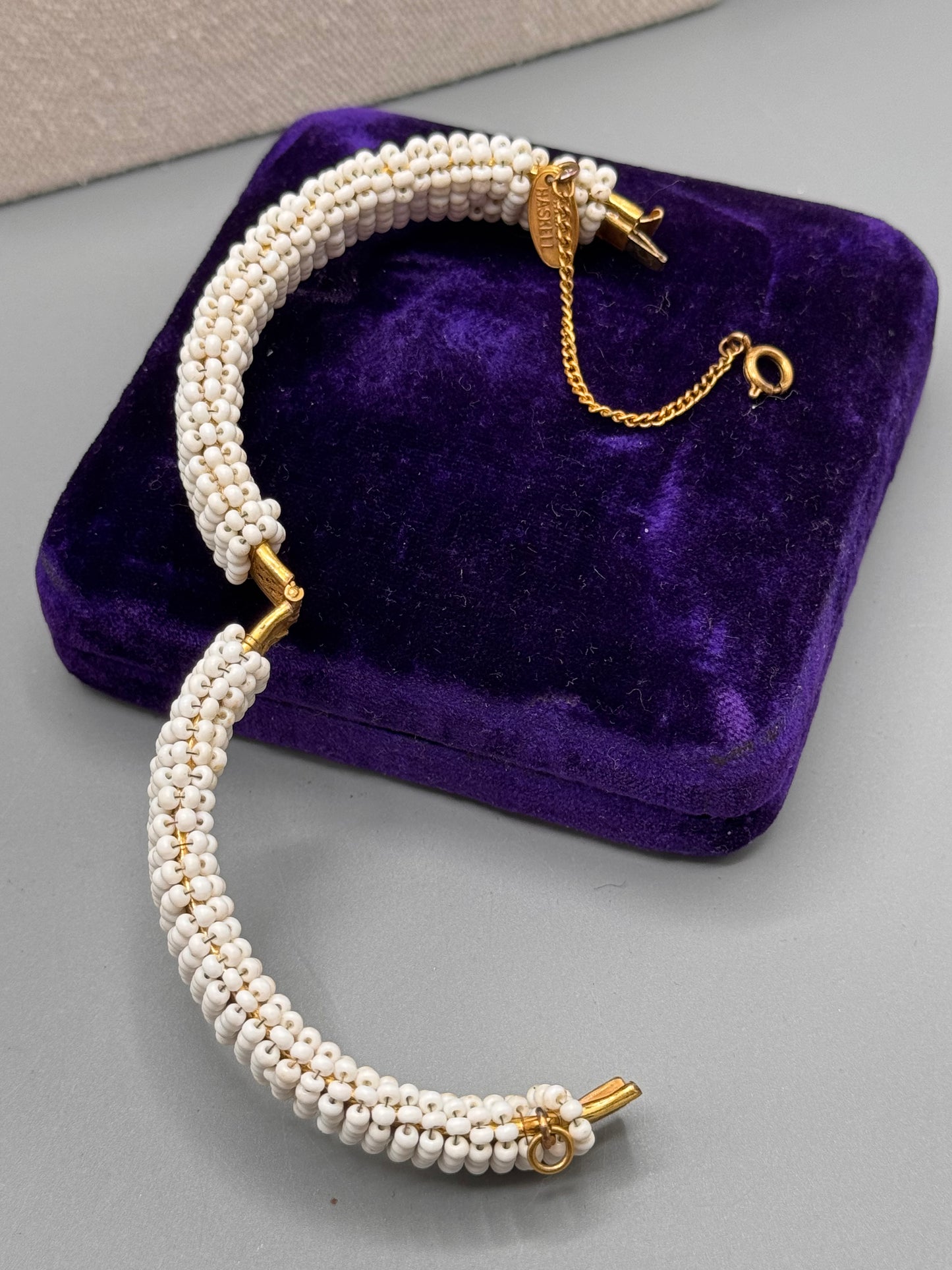 Signed Miriam Haskell White Beaded Bangle Bracelet