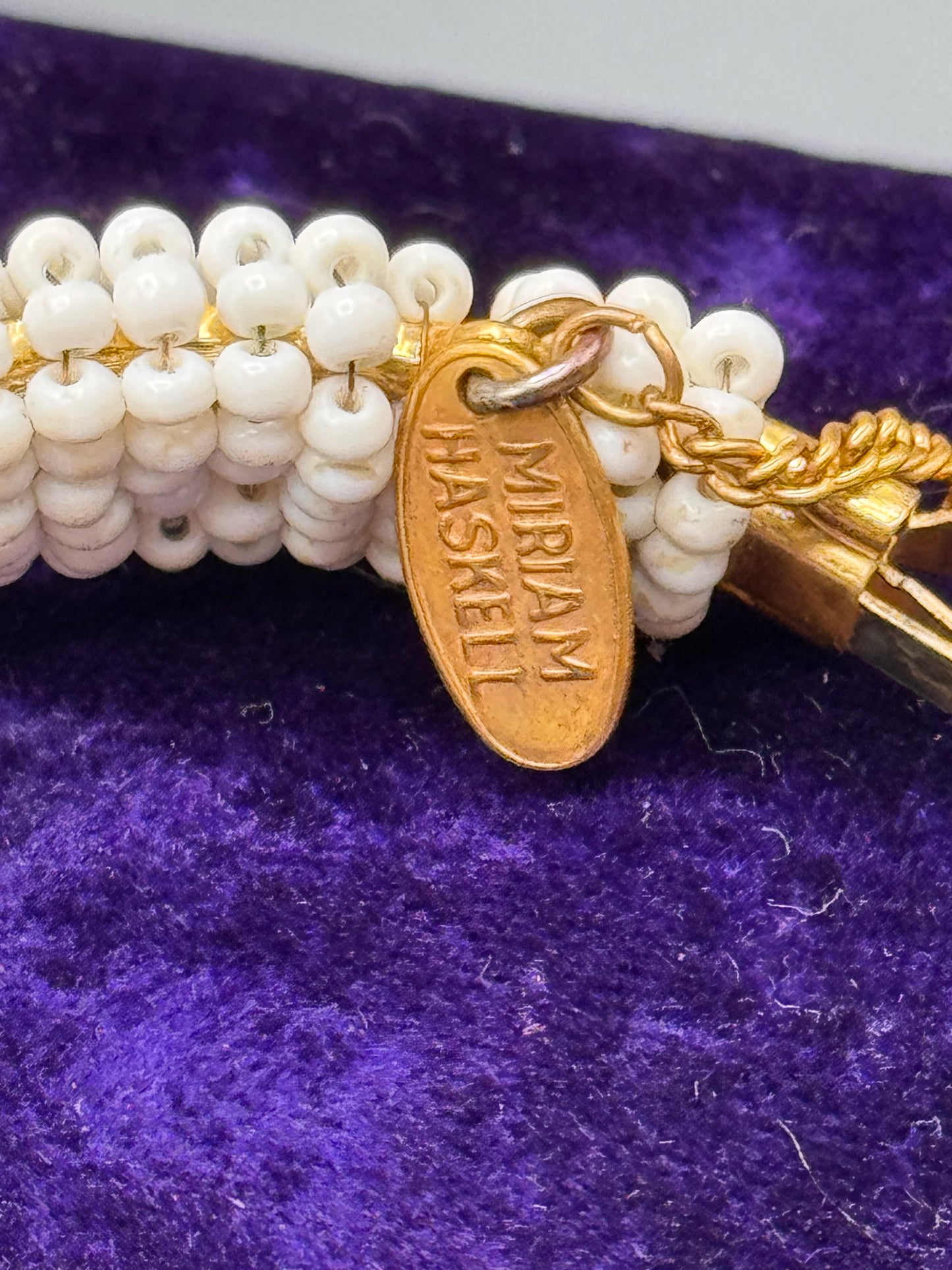 Signed Miriam Haskell White Beaded Bangle Bracelet