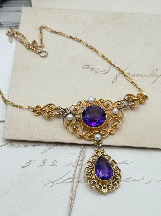 Antique Edwardian 14K Gold Amethyst & Pearl Necklace -Christmas 1917 -Professionally Appraised