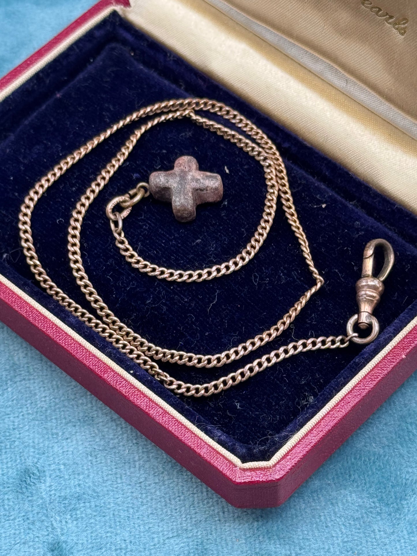 Vintage Watch Chain Cross Fob Dog Clip Chain 15.5” Rose Goldtone Pocket Watch