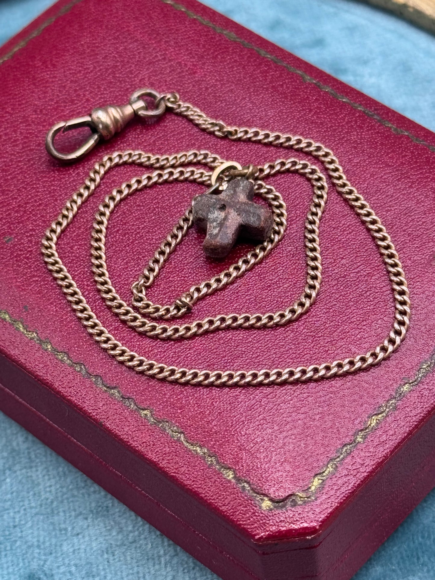 Vintage Watch Chain Cross Fob Dog Clip Chain 15.5” Rose Goldtone Pocket Watch