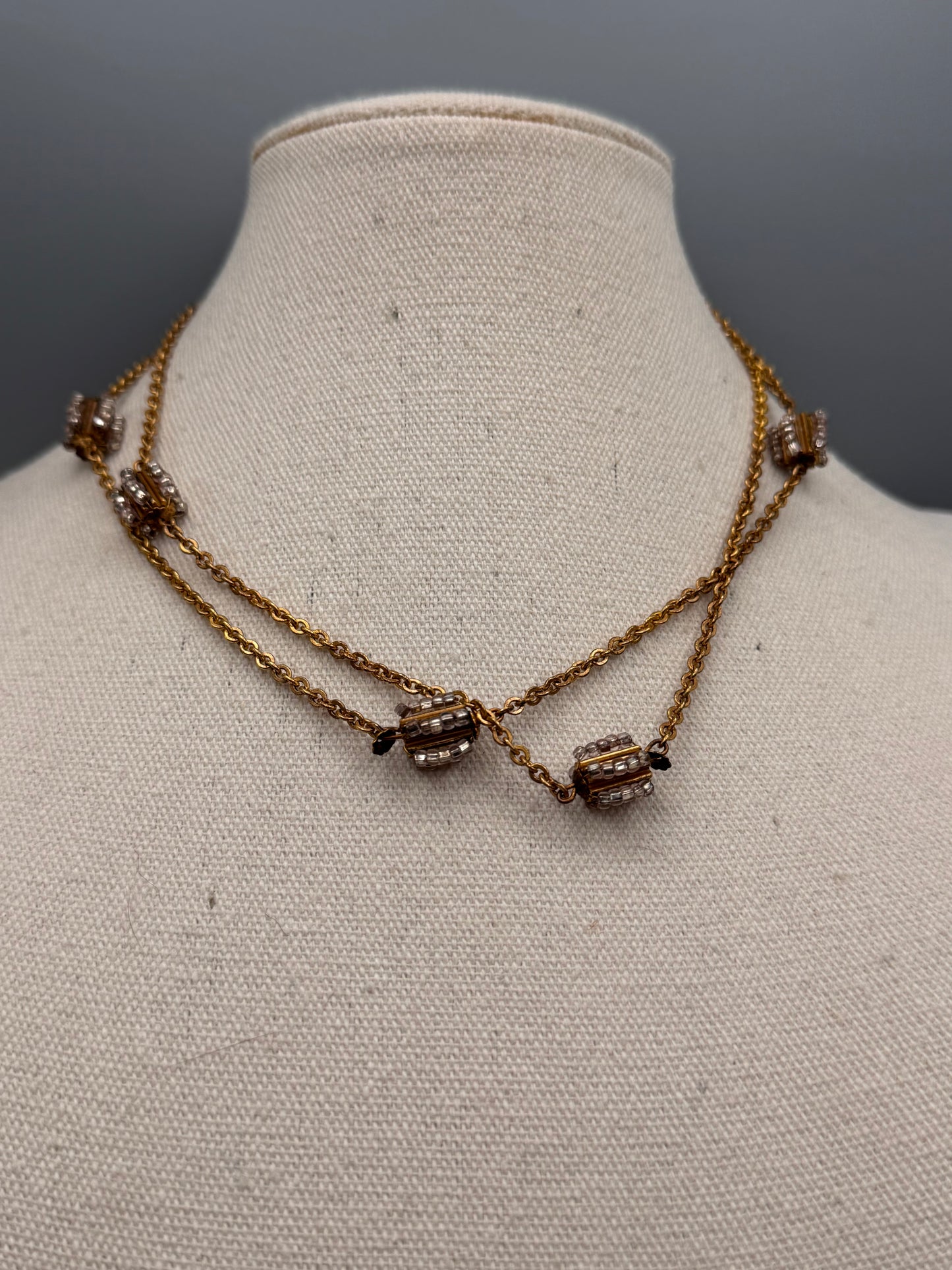 Vintage Miriam Haskell Goldtone Beaded Station Necklace 33”