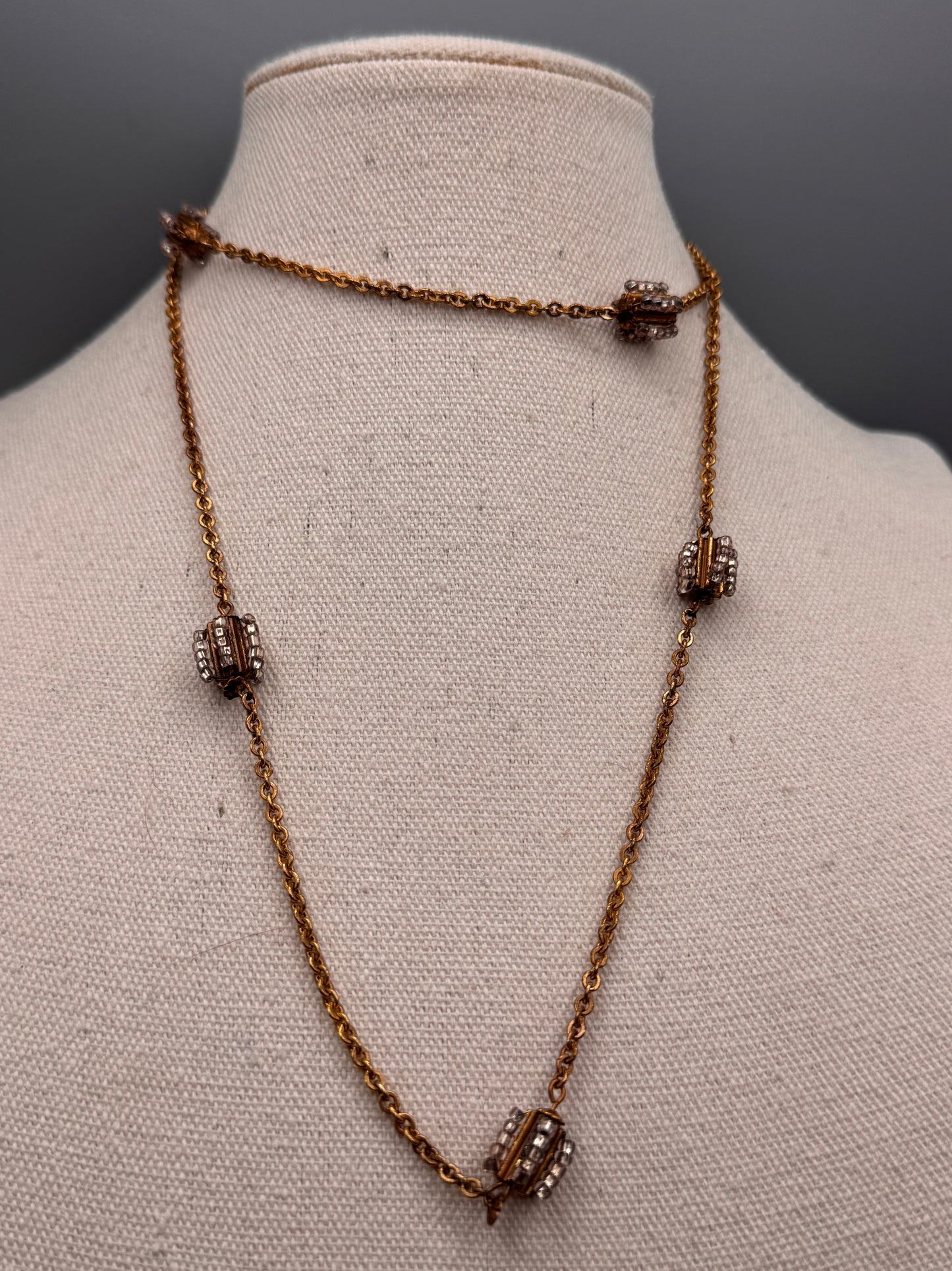 Vintage Miriam Haskell Goldtone Beaded Station Necklace 33”