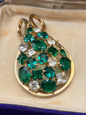 Vintage Emerald Green Rhinestone Bow Fur Clip Clear Crystal Goldtone 2”