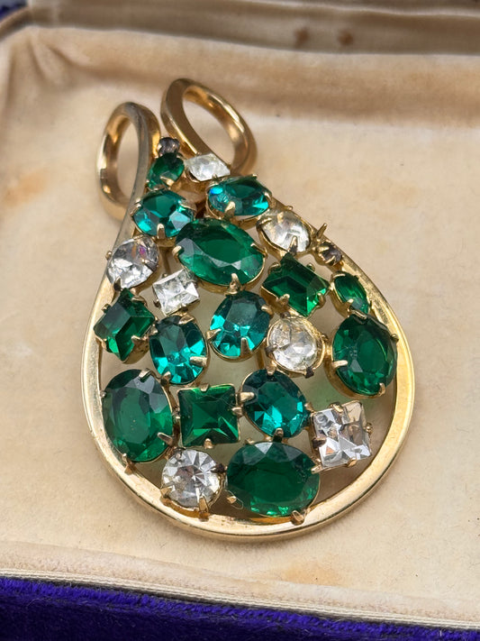 Vintage Emerald Green Rhinestone Bow Fur Clip Clear Crystal Goldtone 2”