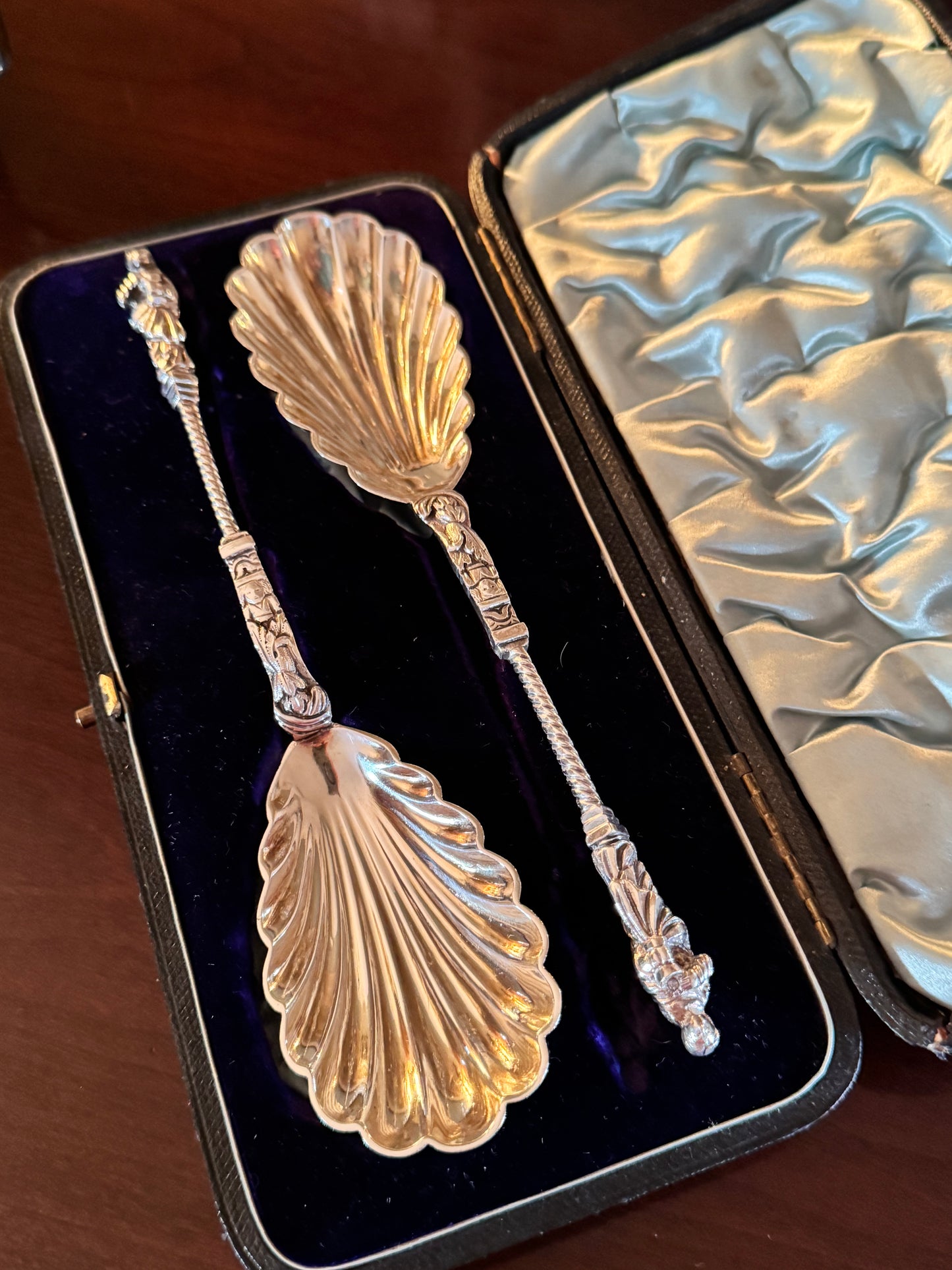 Antique Silver Plate Apostle Berry Spoon Pair WH&S William Hutton & Son Sheffield in Original Box 8” FINE SET