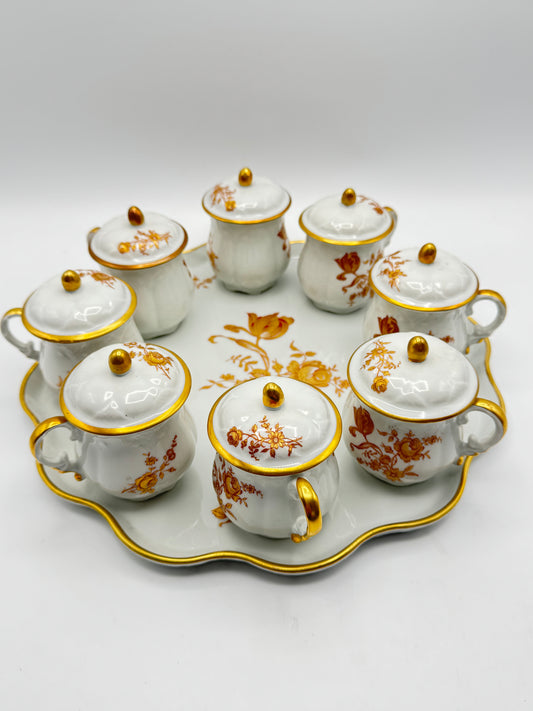 Set of 8 Limoges France Pot De Creme Set Gold Floral Lidded Cups “RAMEKIN SET”