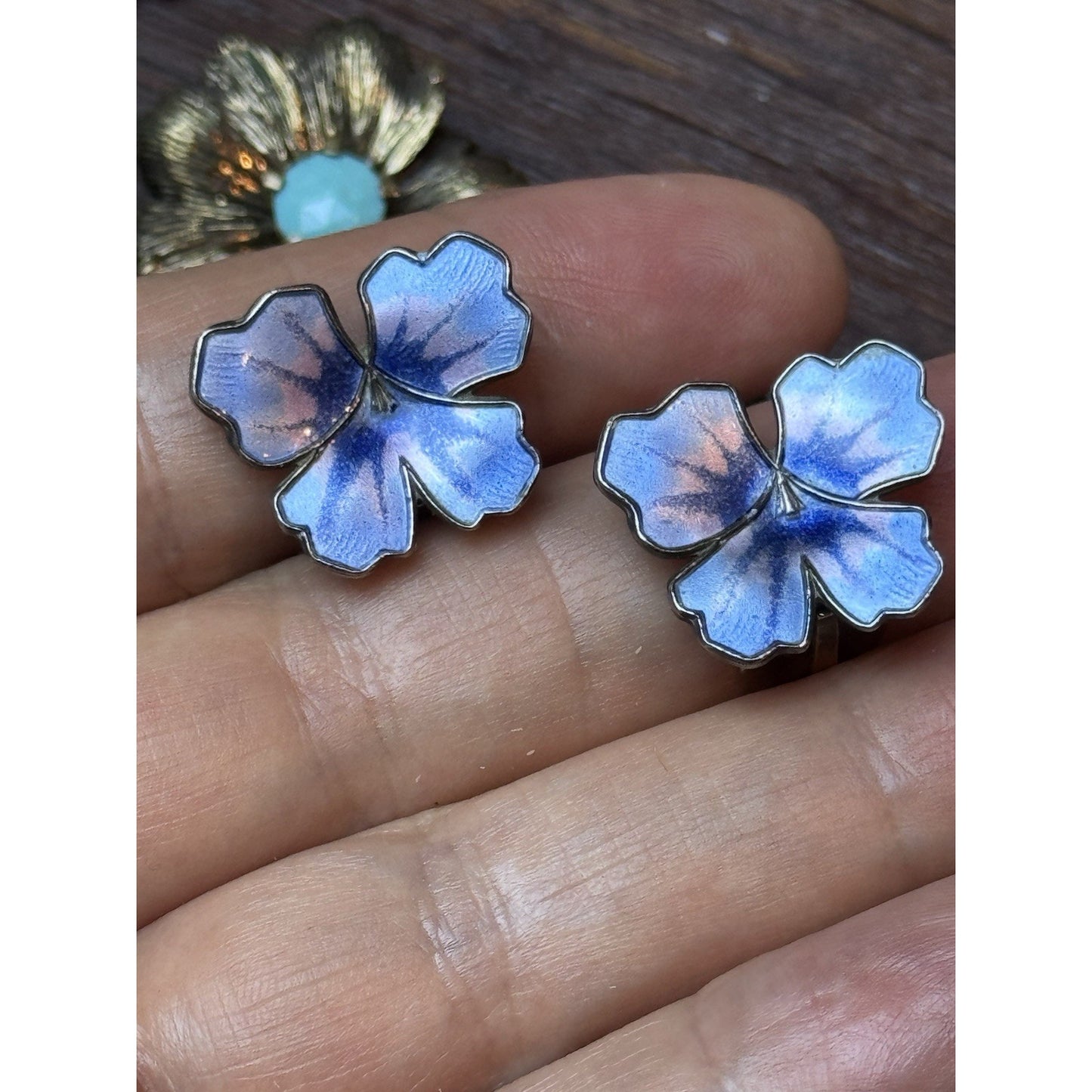 Vintage David Andersen Sterling Silver Blue Lavender Enamel Pansy Clip Earrings