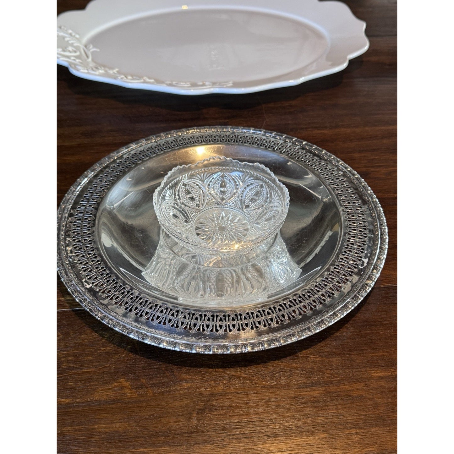 Silverplate Relish Dish Rogers Bros Reticulated Bowl w Antique Glass Insert 9”