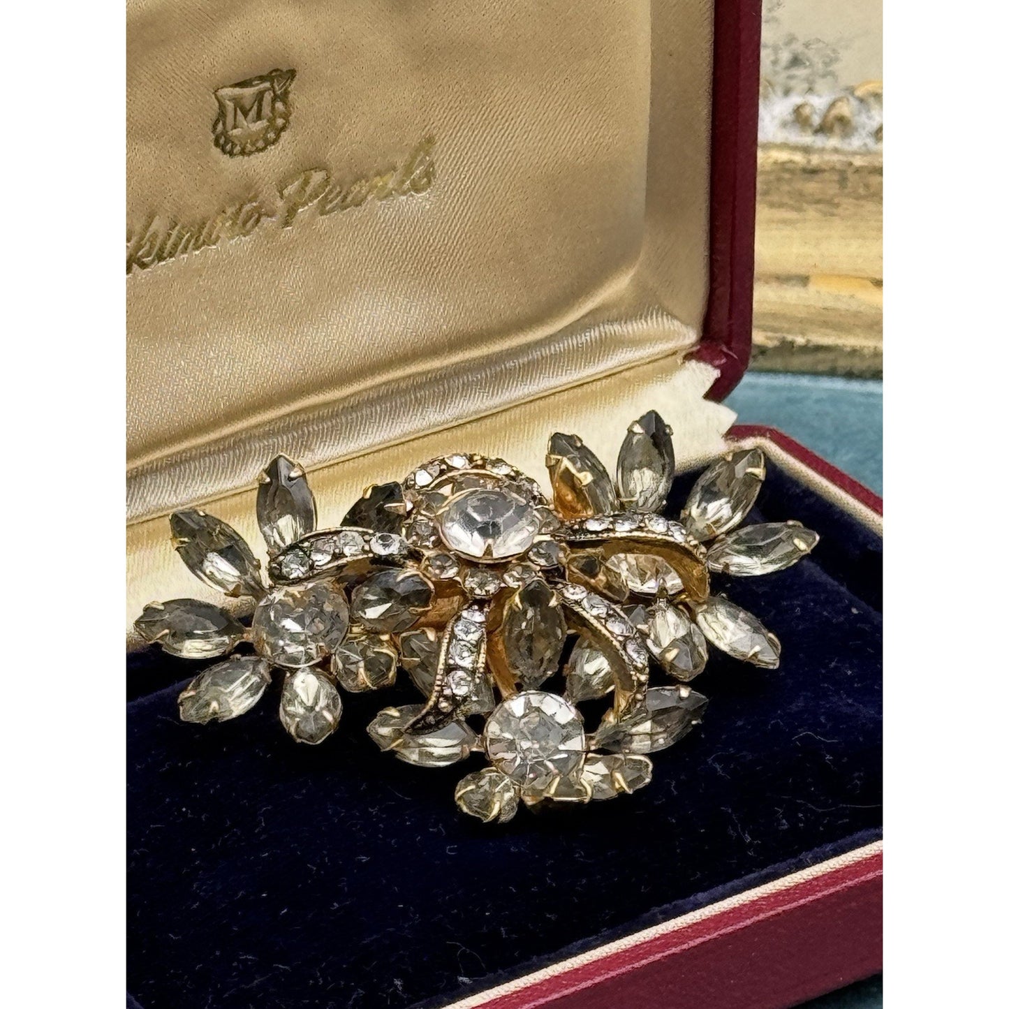 Vintage Brooch Rhinestone Goldtone Gray Clear Floral Spray 2 3/8” Estate