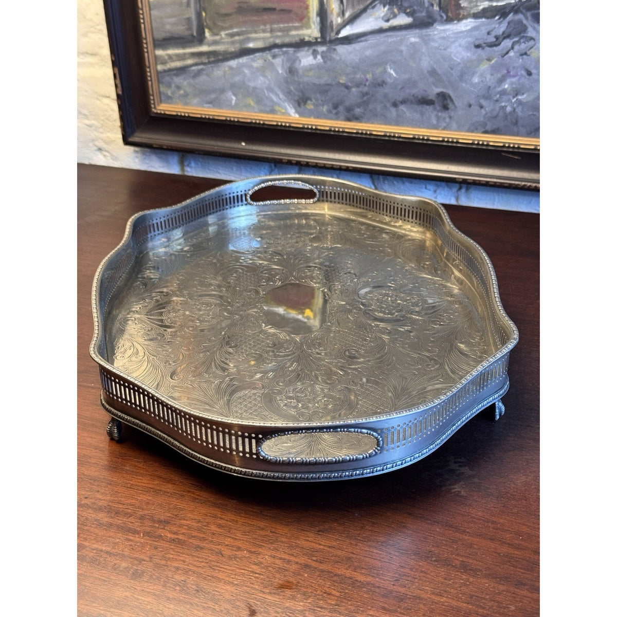 Silverplate Gallery Tray SHEFFIELD Serpentine Reticulated Chased Footed 18”